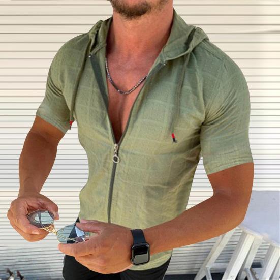 Мужская футболка с капюшоном, короткими рукавами, клетчатая футболка на молнии, повседневный тонкий летний топ для спорта, отдыха на природе, пляжа