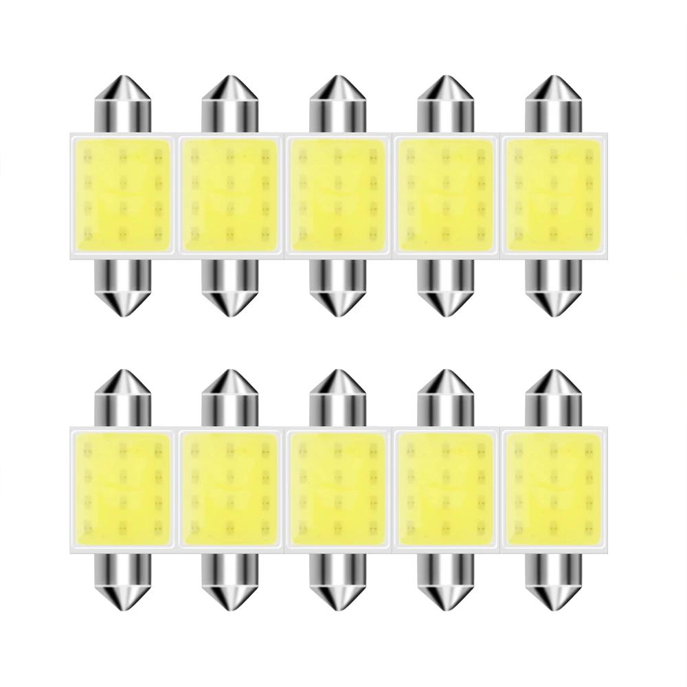 10 шт. светодиодных ламп C10W C5W Festoon 31/36/39/41 мм 12 В COB 6500 К белого цвета для салона автомобиля, купола, крыши, багажника, подсветки номерного знака
