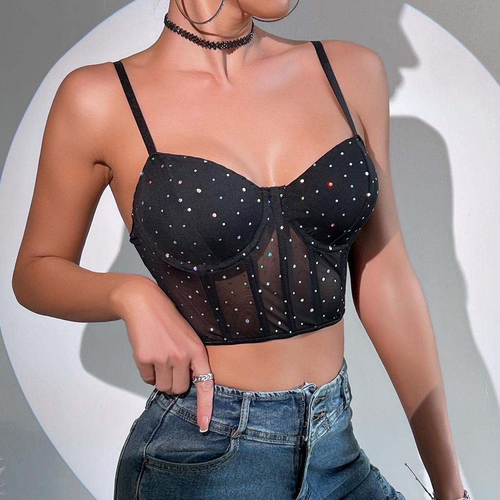 Sequined Fishbone Steel Ring Sexy Nightclub Crop Top