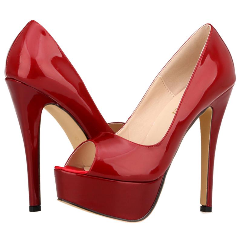 Women Pumps Sexy Peep Toe Platform 14cm Super High Heels Patent Leather Pumps Black Party Dress Red Wedding Shoes Stilettos Shoe