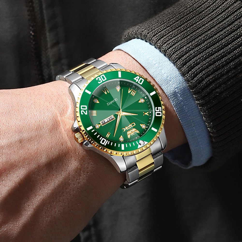OPK Quartz Watch with Date Classic Stainless Steel Watch for School or Gold Green Men's Display, Waterproof, Luminous, Stylish, Office, &