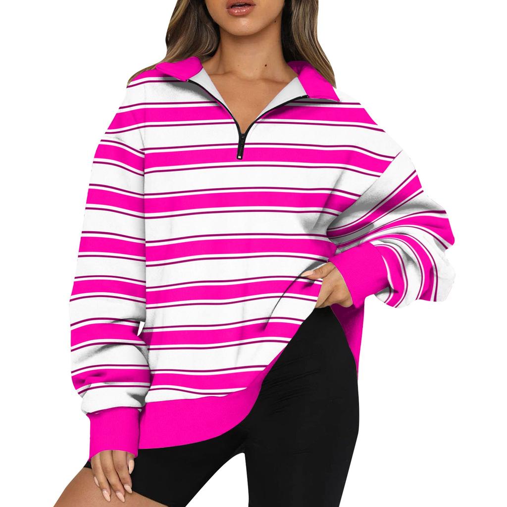 Women's Sweatshirt Fashionable Long Sleeved Striped Printed Half Zip Sweatshirt Top