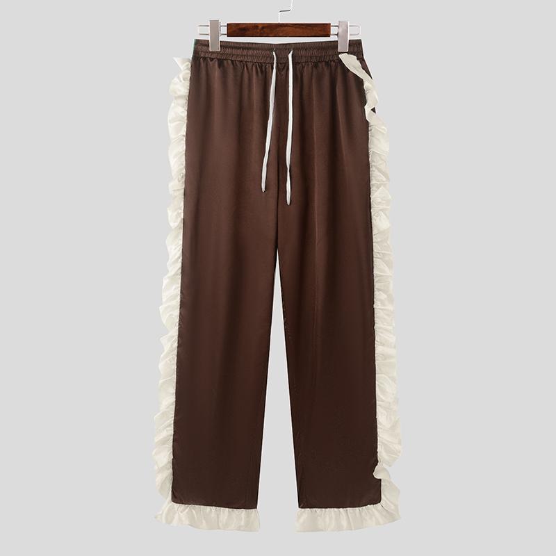 INCERUN Men Elastic Waist Drawstring Ruffled Hem Patchwork Long Harem Pants