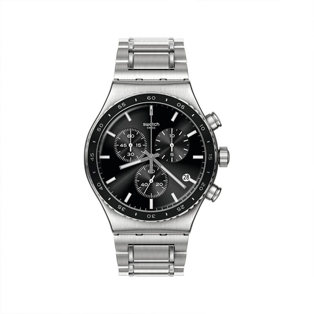 Swatch Металлическая серия Кварцевый механизм Водонепроницаемые 30м Часы 43мм Черный циферблат Корпус из нержавеющей стали Стальной браслет Унисекс часы Серебристый YVS495G