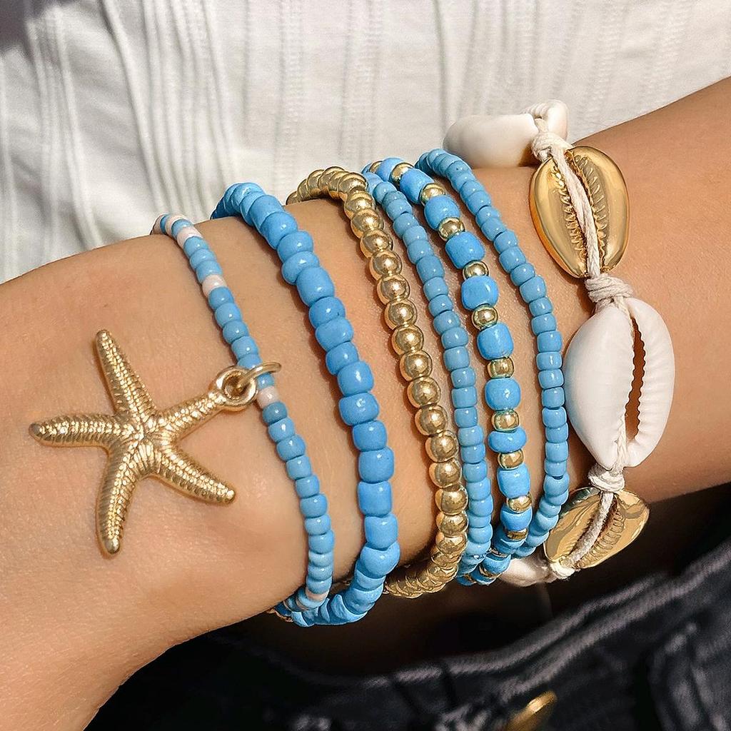 7PCS Boho Fashion Shell Color Beads Bracelet Set Jewelry for Women Girls Beach Holiday Handmade Bijoux