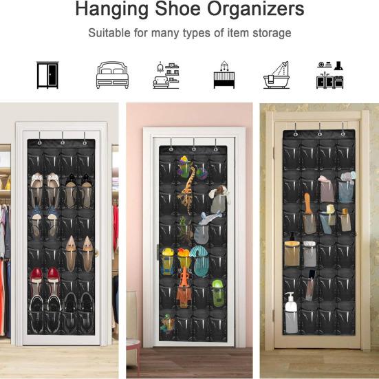 Shoe Storage Bag Behind Door Hanging Large Capacity 24 Transparent Pockets Great Load Bearing Shoe Organizer Home Dorm Sundries Holder with 3 Hooks