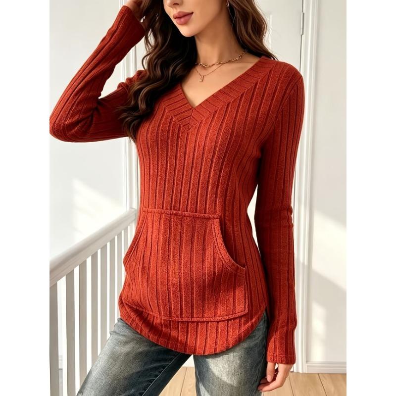 Women S Casual Knit Ribbed V Neck Long Sleeve T Shirt