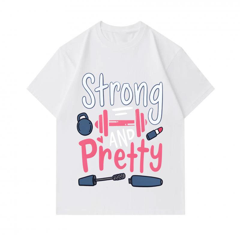Men's 100% Cotton Crew Neck Short Sleeve T-Shirt, Strong and Pretty Fitness Print Casual Tees, Workout Kettlebell Lipstick Graphic Soft Breathable Dai