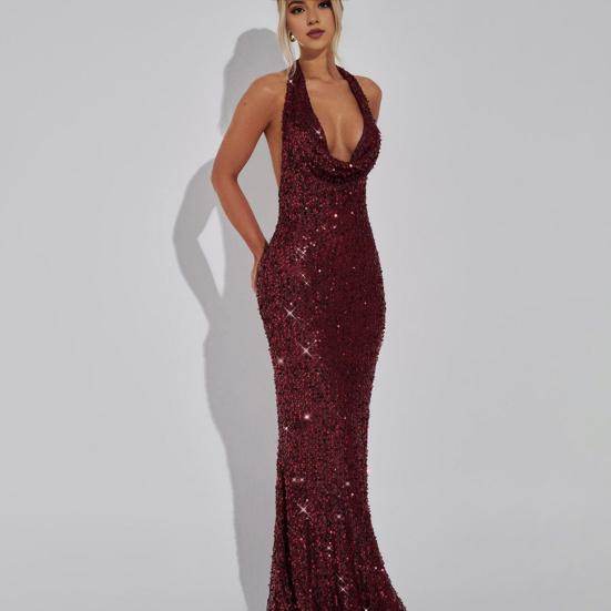 Женское прозрачное сетчатое платье макси с блестящими пайетками, просвечивающее платье халтер, длинное платье с глубоким V-образным вырезом и открытой спиной, облегающее платье, сексуальные наряды для вечеринок