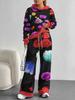 Retro Pattern Splicing European, American Autumn And Winter Casual Long-Sleeved Suit Women'S Hooded Sweater Trousers Two-Piece Set