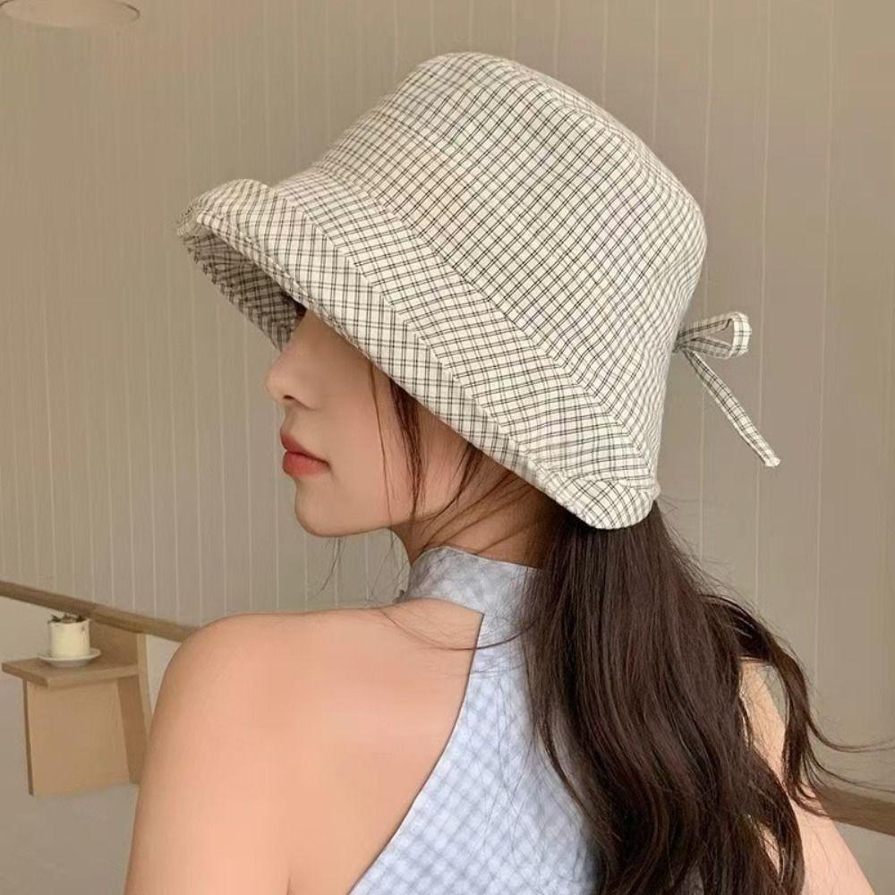 Curled Plaid Sun Hat Summer Fisherman Caps Fashion Plaid Bucket Cap  for Women