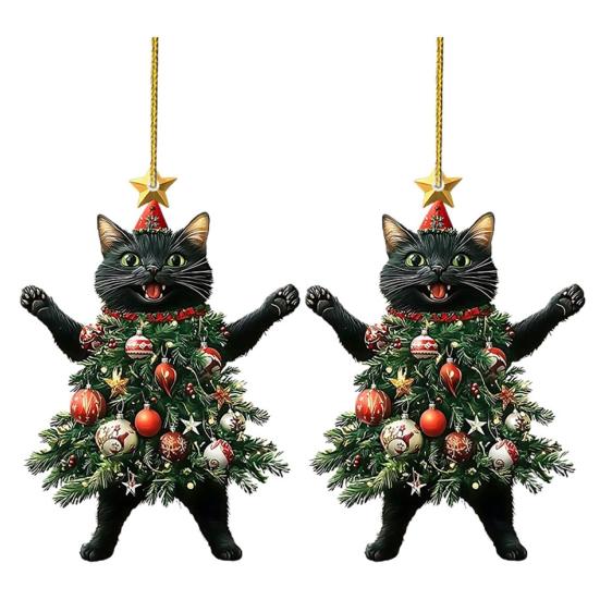 Christmas Cat In Christmas Tree Acrylic Hanging Ornament 2D Flat Car Rearview Mirror Charm Holiday Gifts for Cat Lovers