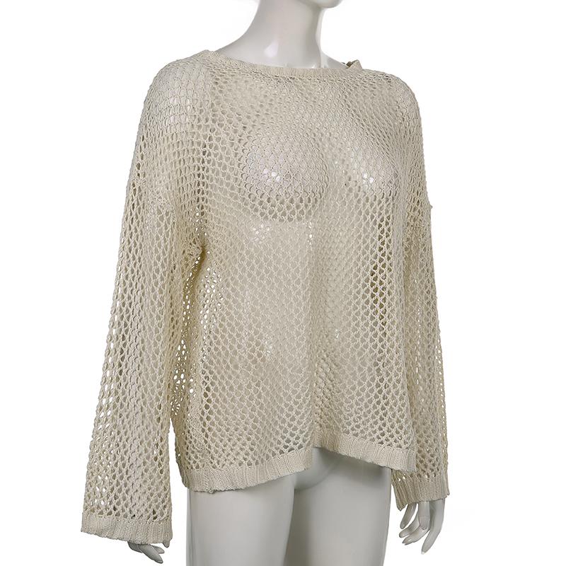 Уличная одежда, пуловер, женский винтажный повседневный вязаный свитер, футболка с длинным рукавом Y2K, ажурный халат, топы, свободные пуловеры, модная футболка