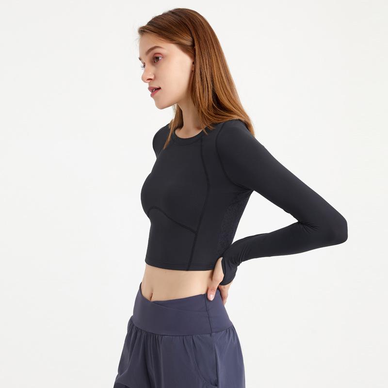 Осенний женский укороченный топ для йоги из какао-сетки с длинными рукавами