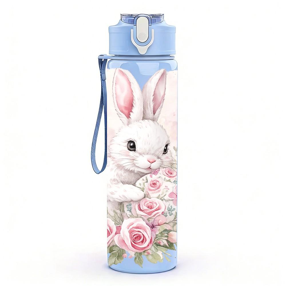 1PC White Rabbit Pink Flower Portrait 750ml Color Plastic Sports Water Bottle Leakproof Flip Straw Lid Suitable for Sports Office Home Use