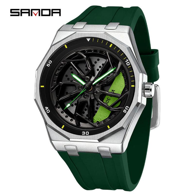 Sanda Brand Men's 360° Rotating Wheel Hubcap Design Quartz Watch Fashion Sports Silicone Waterproof For Daily Wear Hollow Watch