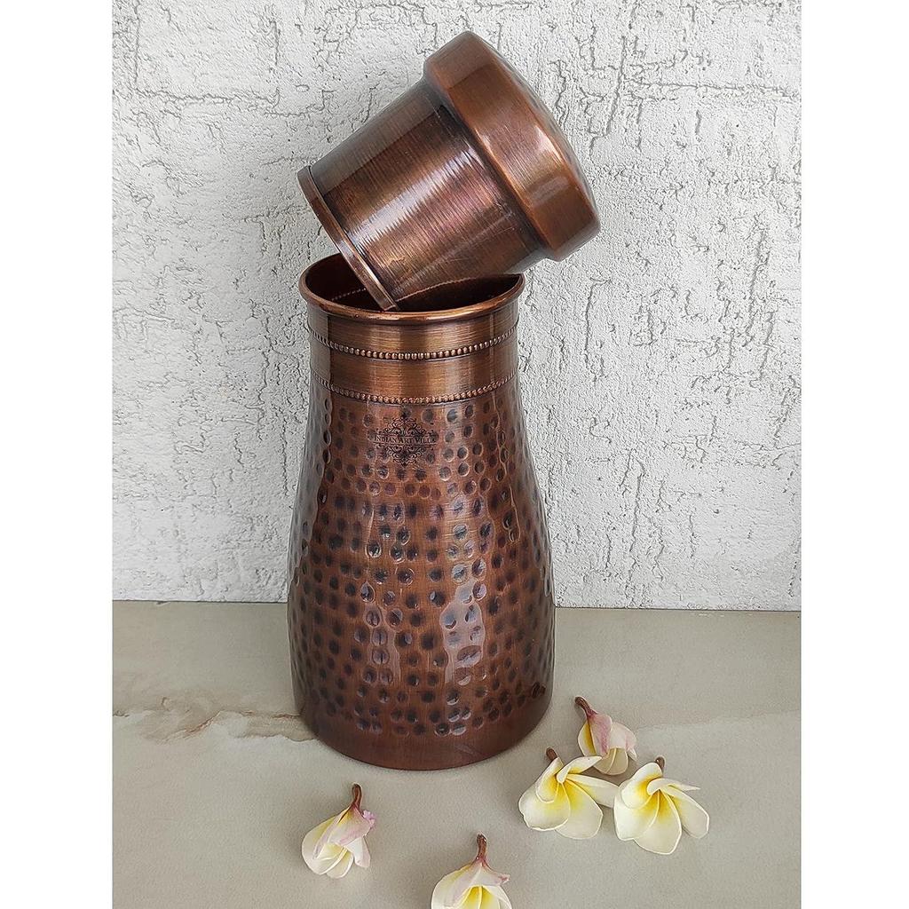 Pure Copper Bedroom Water Bottle with Inbuilt Glass, Hammered Antique Design, Volume 900 Ml (Pack of 2)