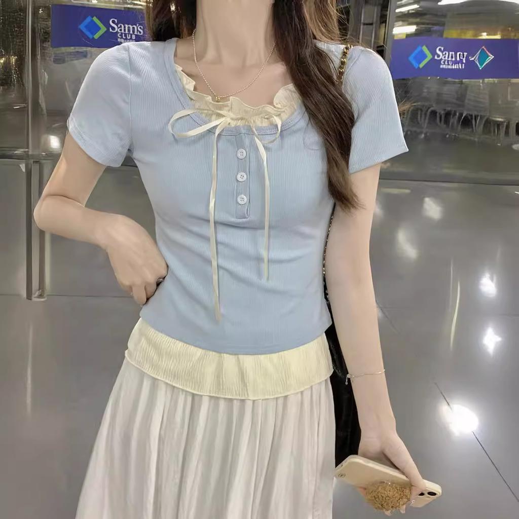 Футболка из двух частей с короткими рукавами в стиле Pure Desire, женская летняя женская одежда, новый короткий топ с черными ушками