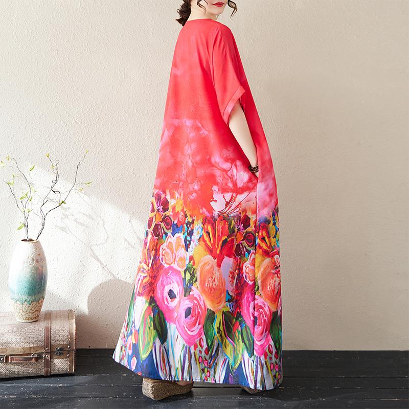 DIMANAF 2025 Летнее Женское Платье Большого Размера Свободное Длинное Пляжное Базовое Повседневное Платье Винтажный Цветочный Принт Праздничное Платье