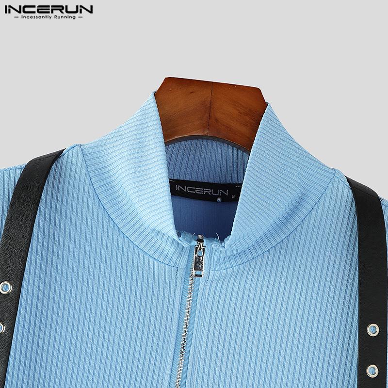 INCERUN Men Zipper High Neck Cold Shoulder Irregular Casual Skinny T-Shirts Tops