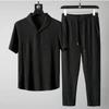 Summer Men Cotton Linen Two Piece Set Male Business Casual Beach Tshirts Outfits Shirt+Trousers Sets