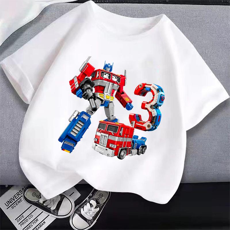Optimus Prime Children Birthday Number T Shirt Transformers Clothes Party Cartoon Print Boys TShirt Short Sleeve Tops Tee Gift