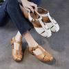 Genuine Leather Round Toe Low Heel Sandals Sheepskin Hollow Retro Soft Soled Women's Shoes
