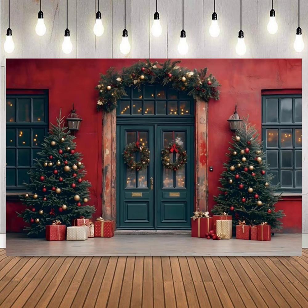 Merry Christmas Red Green Door Window Indoor Photography Background Wreath Gifts XmasTree Family Party Decor Photo Backdrop prop5