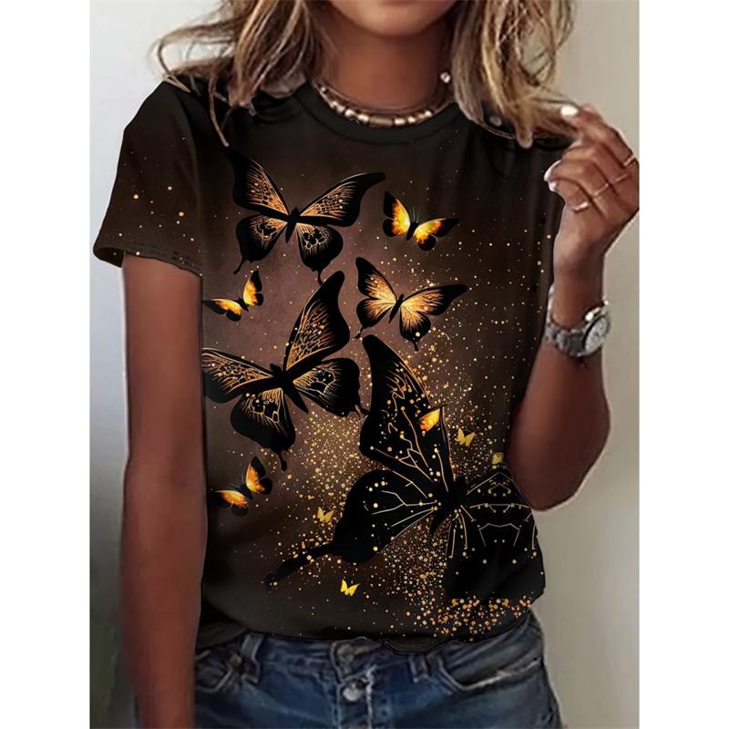 Butterfly Pattern T-Shirt For Women Flower Insects 3D Printed Tees Summer Loose Tops Short Sleeves Personality O-Neck T Shirts