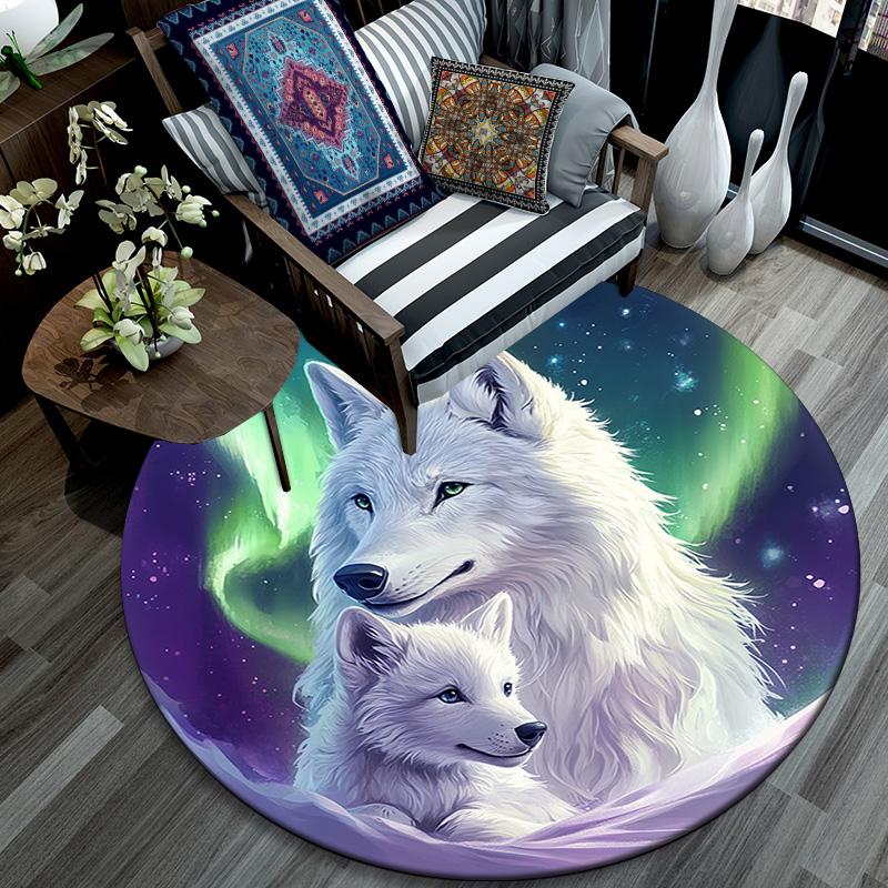 White Wolves Round Area Rug,Carpet Rug for Living Room Bedroom Sofa Playroom Decor,Non-slip Floor Mat