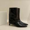 Foreign Leather Pointed Head High Heel Medium Boots Women's French Wide Tube Small Ankle Boots Knight Short Boots Martin Boots