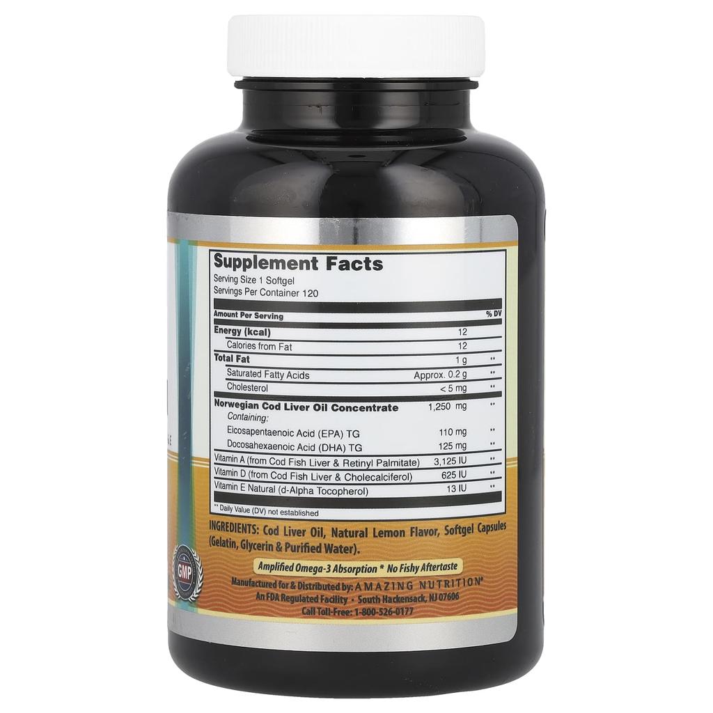 Norwegian Cod Liver Oil, Lemon, 1,250Mg, 120 Softgels