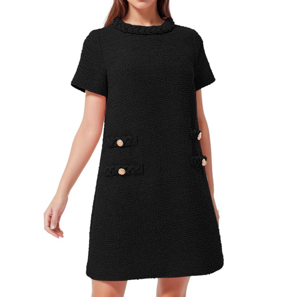 Women Sweet French Style Short Dresses Elegant Tweed Solid Color Button Up Pullover Midi Dress Office Lady Short Formal Dresses