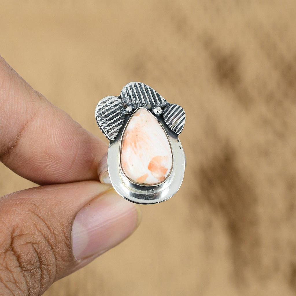 925 Sterling Silver Pear Scolecite Gemstone Trendy Solitaire Unique Ring Jewelry