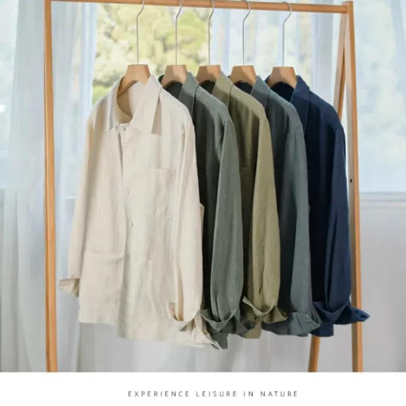 Весенние и осенние рубашки с длинным рукавом для мужчин в китайском стиле из хлопка и льна, повседневная мужская одежда с несколькими карманами, однотонная рубашка с воротником-лацкан