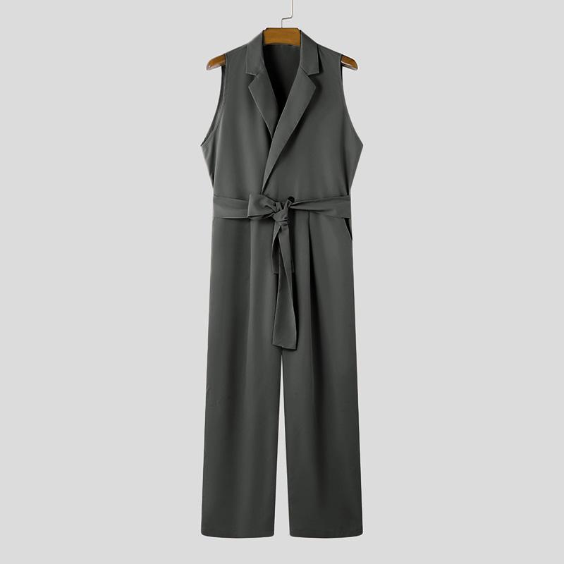 INCERUN Men Lapel V Neck Solid Color Jumpsuits Casual Zipper Long Rompers