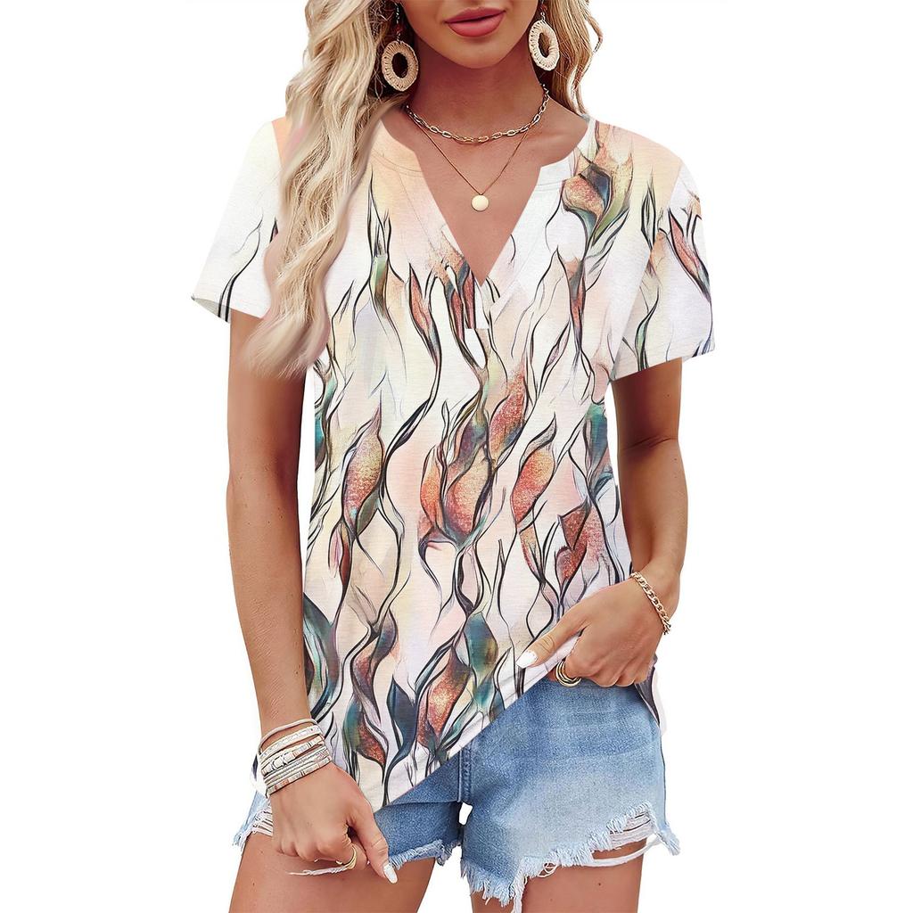 Женская летняя рубашка с коротким рукавом и V-образным вырезом с цветочным принтом, деловая повседневная свободная футболка, трендовая модная одежда, топы