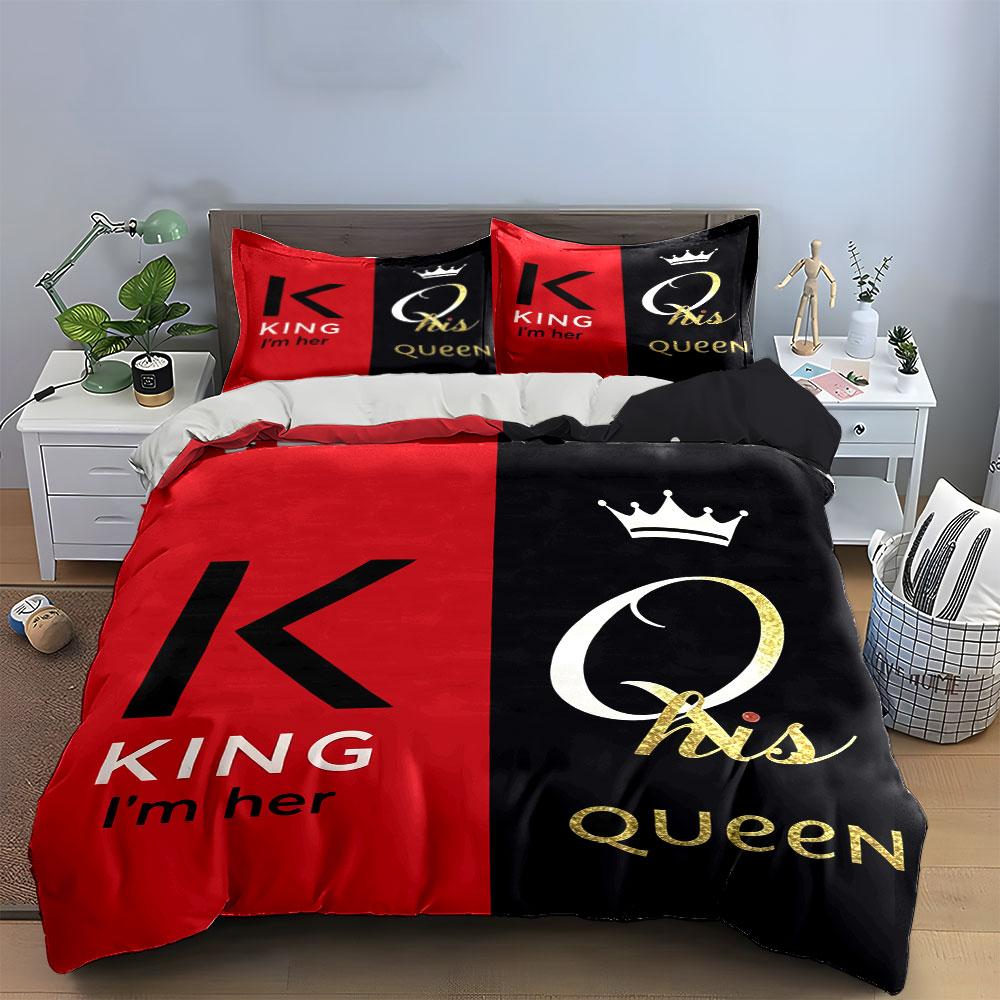 3 шт. Комплект постельного белья King Queen Красный Черный Серый Золотой Корона Пододеяльник + 2 Наволочки Комплект постельного белья для Домашнего декора Двуспальная кровать Постельное белье
