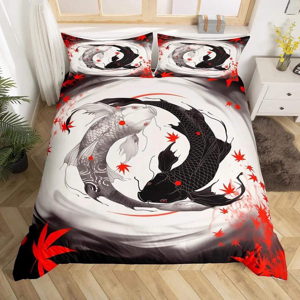 Goldfish Bedding Set Fantasy Yin Yang Fish Duvet Covet Cherry Blossom Flowers Theme Blue Sea Wave Breathable Bedding Set