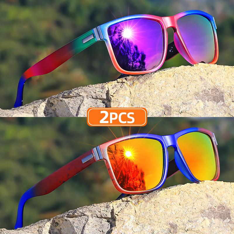 2pcs Classic Square Frame Sunglasses, Gradient Color, Full Rim, Polycarbonate Frame, TAC Lens, Polarizer, Sports Style