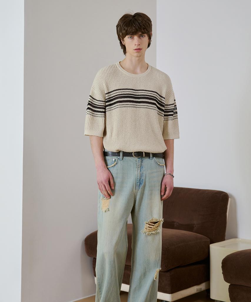 DRAW FIT Boucle Edge Stripe Half Knit [Cream]