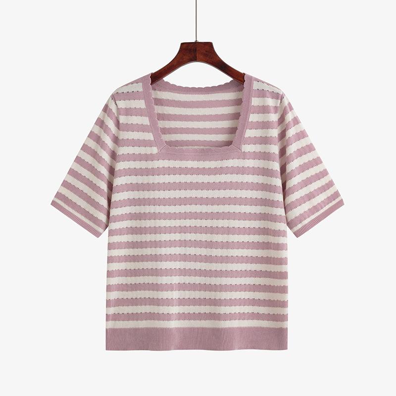 Женская футболка больших размеров с квадратным вырезом в полоску, женские топы с короткими рукавами, летняя свободная трикотажная одежда