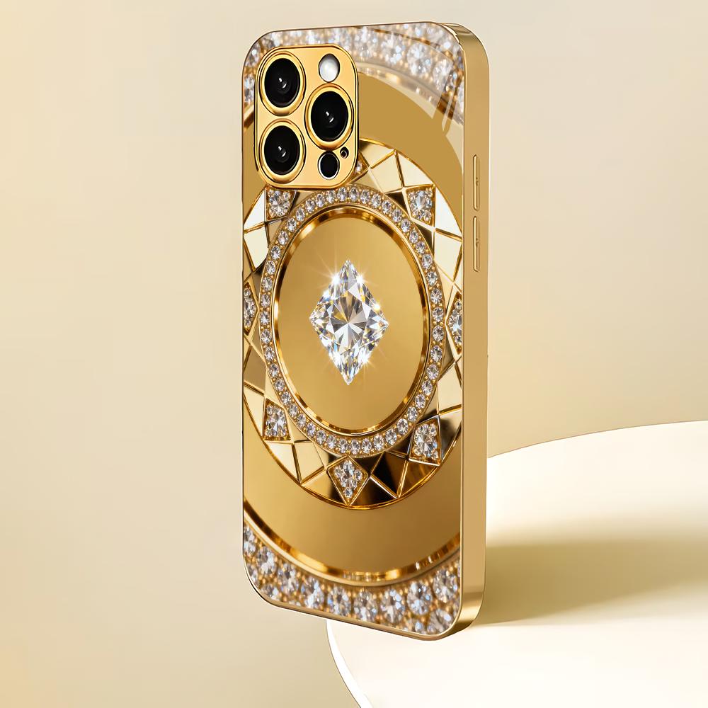 Электроplated стеклянный чехол для телефона с алмазным узором, подходит для iPhone 17 16 15 14 13 12 11 Pro/Max/Plus, противоударная задняя крышка