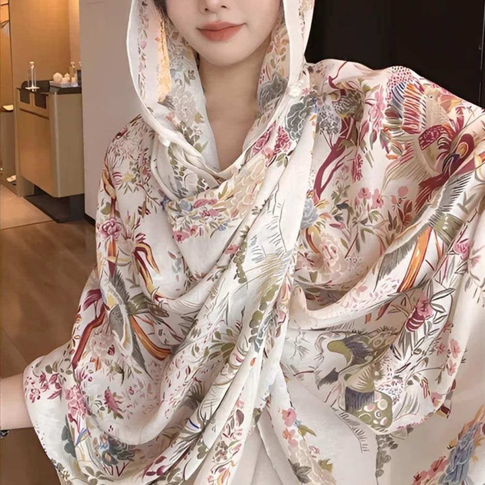 Breathable Thin Large Shawl Frog Button Sunscreen Headscarf Sweet Women Floral Scarf Vacation