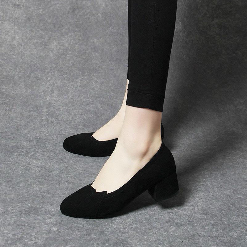 Black High Heels Women's Spring and Summer New Round Head Thick Heel Light Mouth Single Shoes Commuter Work Shoes Professional Dress Shoes