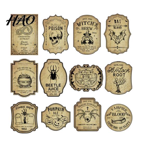 Waterproof Glass Container Decals 12Pcs Halloween Wine Bottle Labels, Vintage Retro Stickers with Witch Skull Spooky Jar Decor Bat Pumpkin Design,