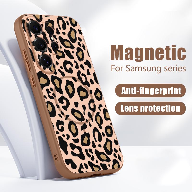 Магнитный Чехол Для Magsafe Для Samsung Galaxy S26 Ultra S25 Edge S24 Plus S23 FE S22 A54 A55 A56 5G Желтый Леопардовый Принт Матовый Чехол