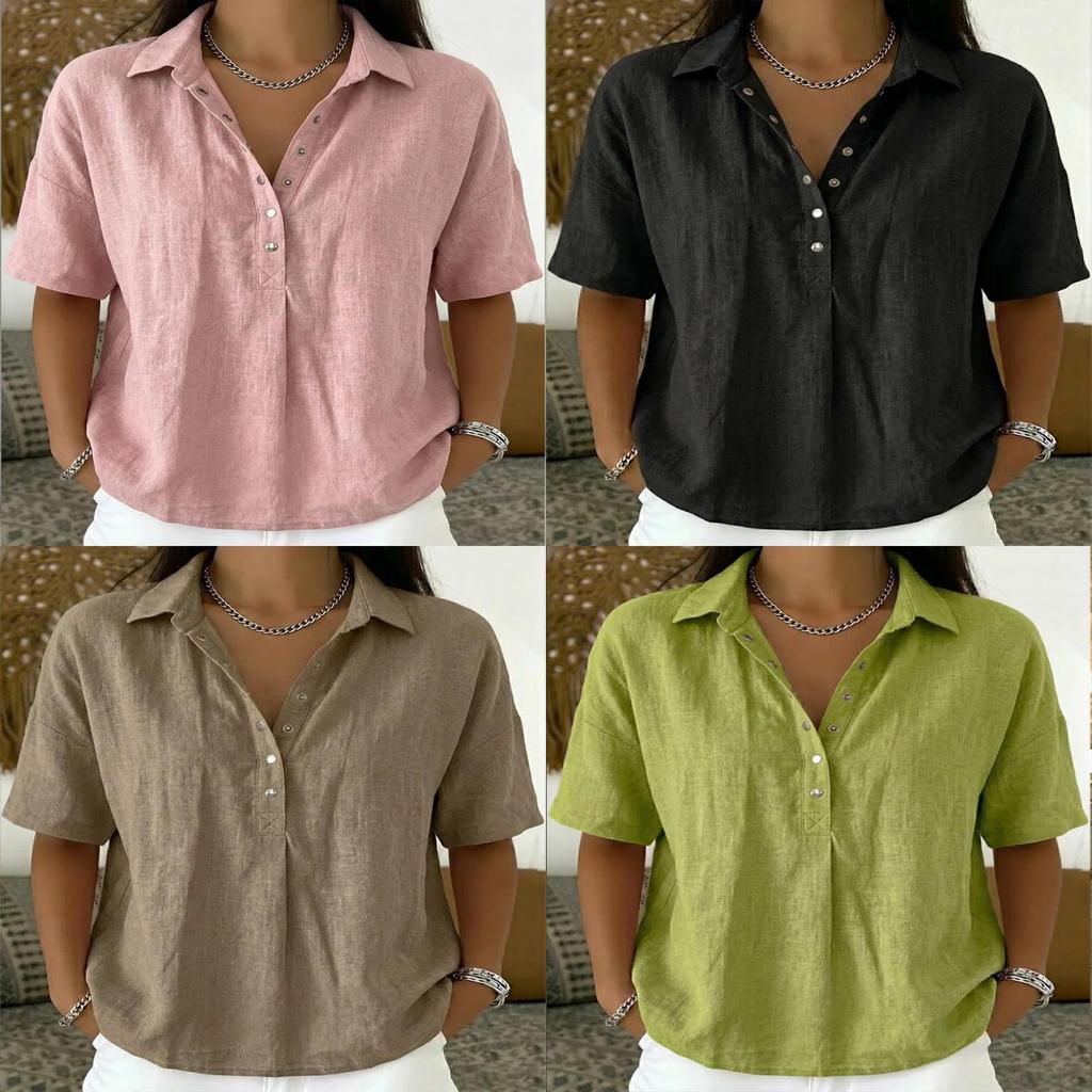 Casual Linen Shirt For Women With Turndown Collar And Short Sleeves For Summer Comfort