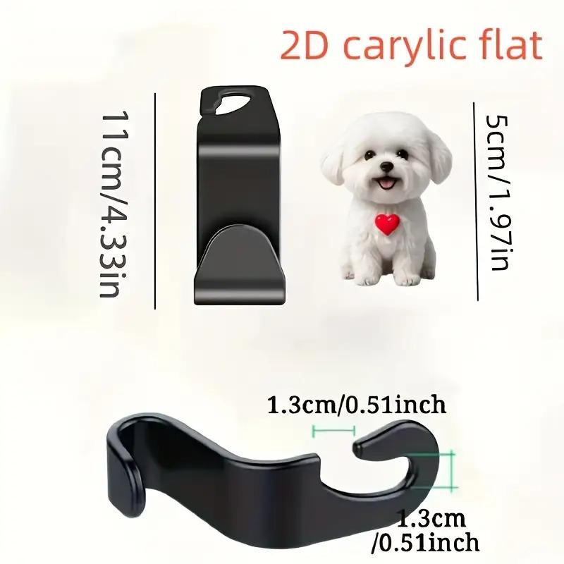 Cute white Pomeranian car hook, 2D acrylic dog hidden organizer, backrest clip. Multi-function for cars, SUVs, no-drill install.