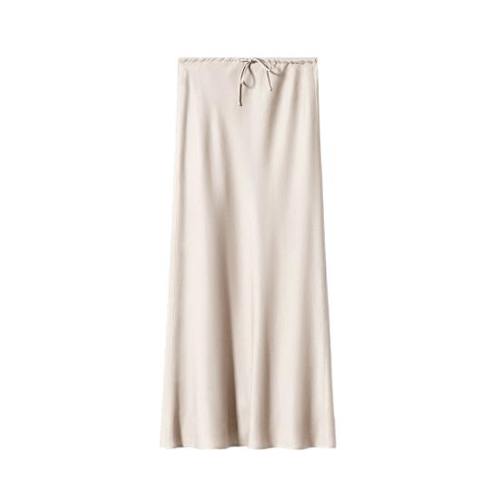 Women Skirt Silky Satin High Waist Drawstring Elastic Solid Color Ankle Length A-line Soft Breathable Casual Lady Maxi Skirt
